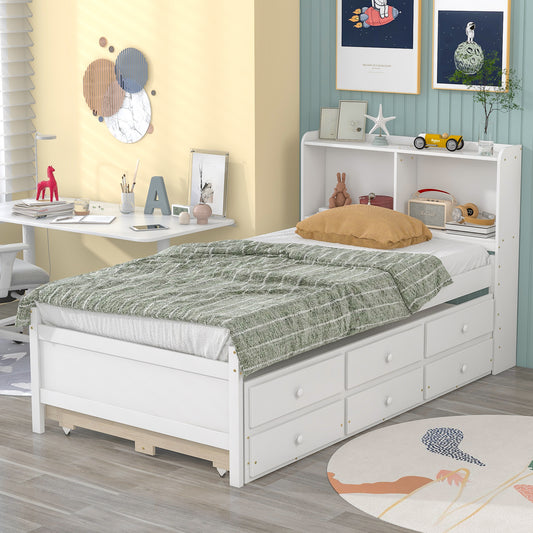 Twin Bed with Bookcase,Twin Trundle,Drawers,White