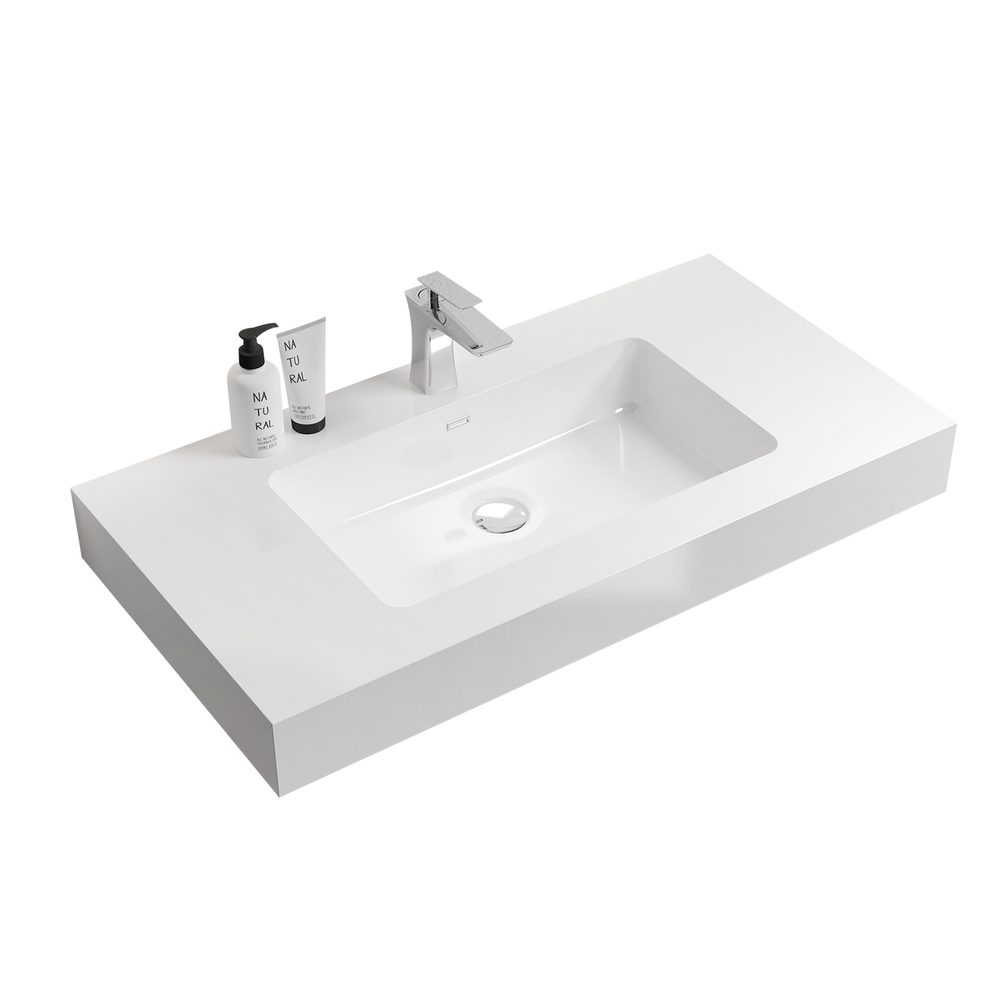 BB02-36-101, Integrated solid surface basin WITHOUT drain and faucet, glossy white color