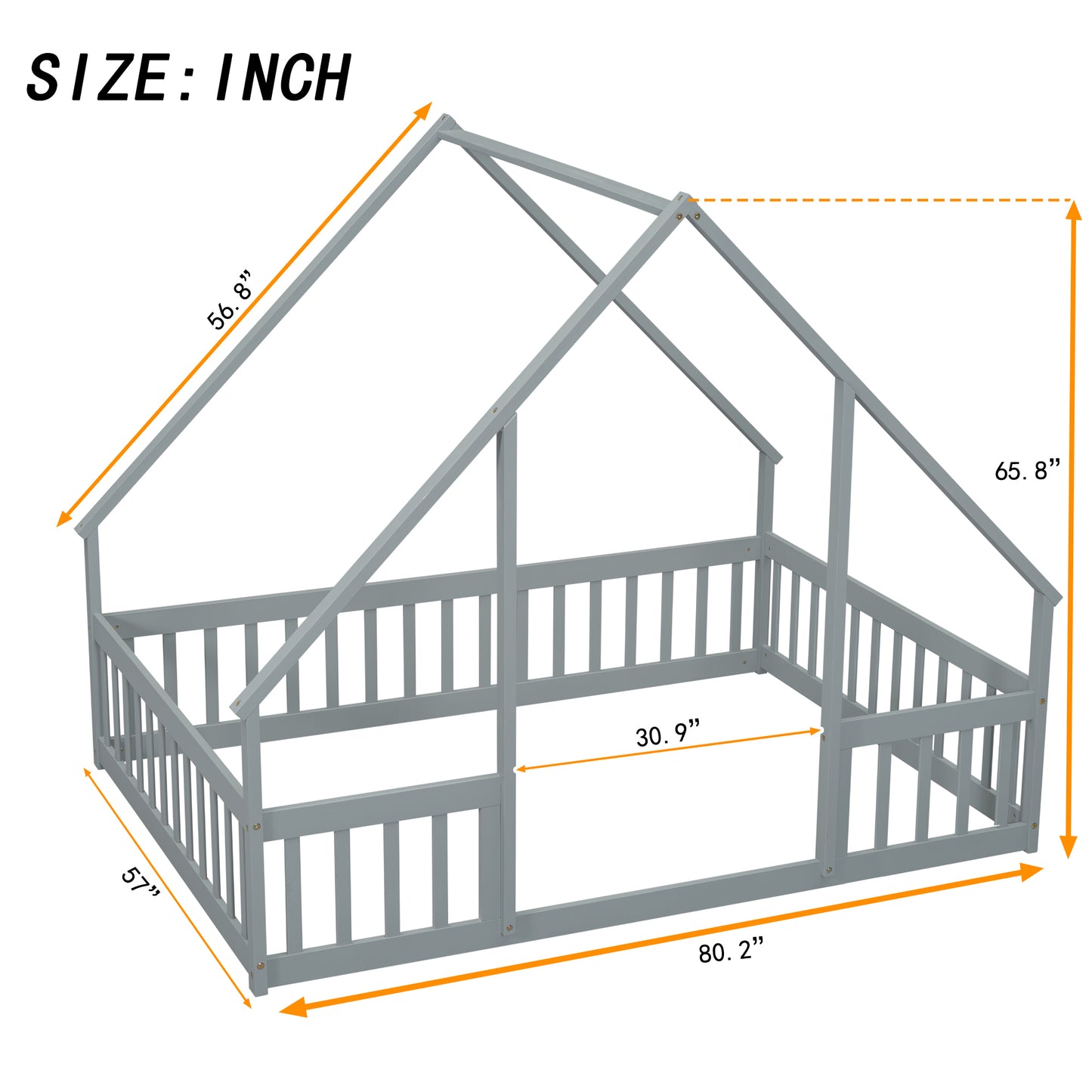 Full Wood House-Shaped Floor Bed with Fence, Guardrails,Grey