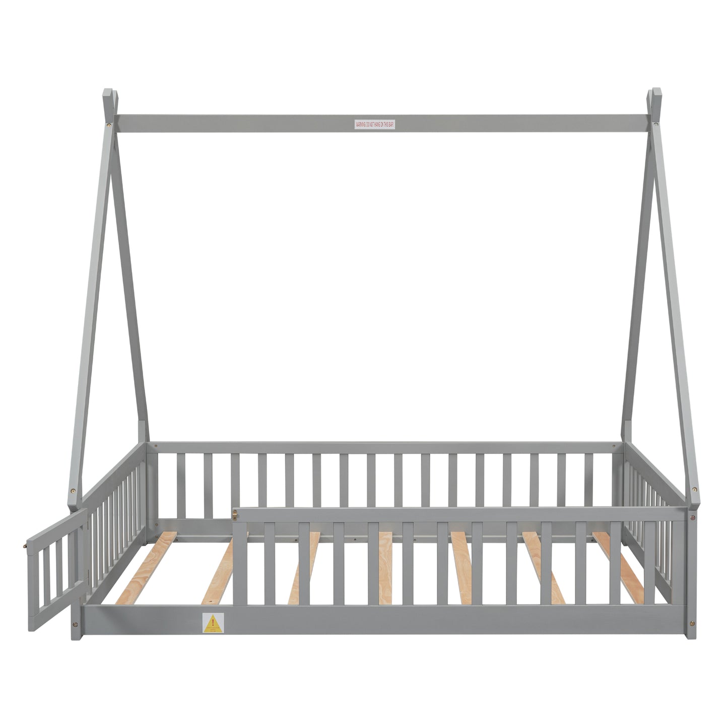 Full Tent-shaped Floor Bed, with Guardrails, Slats, Door ,Grey