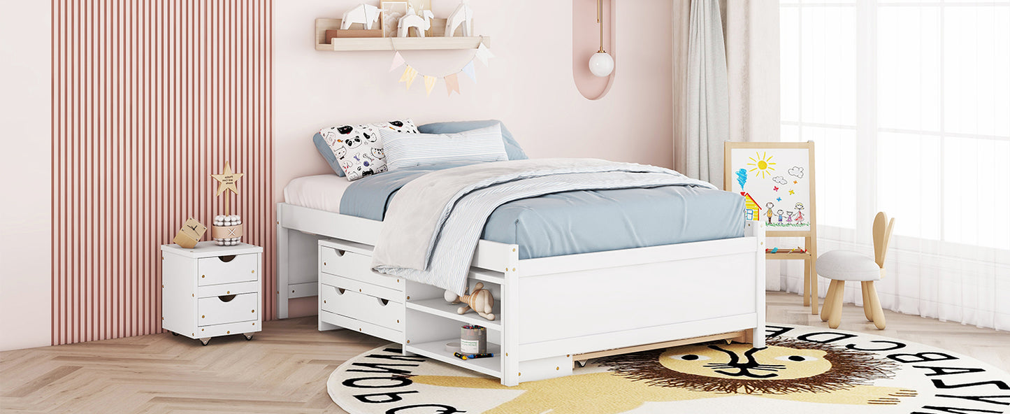 Versatile Full Bed with Trundle,Under bed Storage Box and Nightstand .White