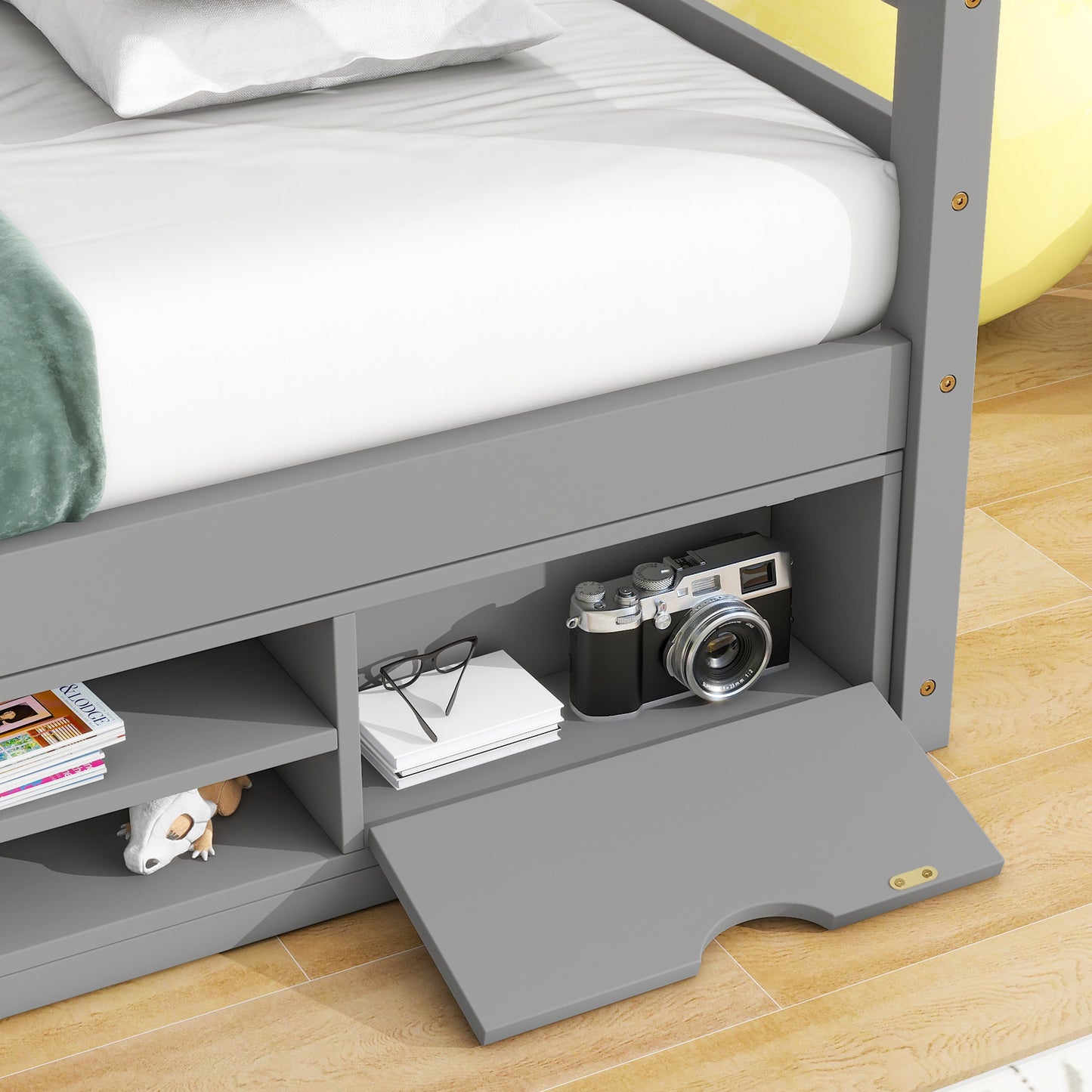 Twin House Bed with Roof Frame, Bedside-shelves, Under Bed Storage Unit,Grey