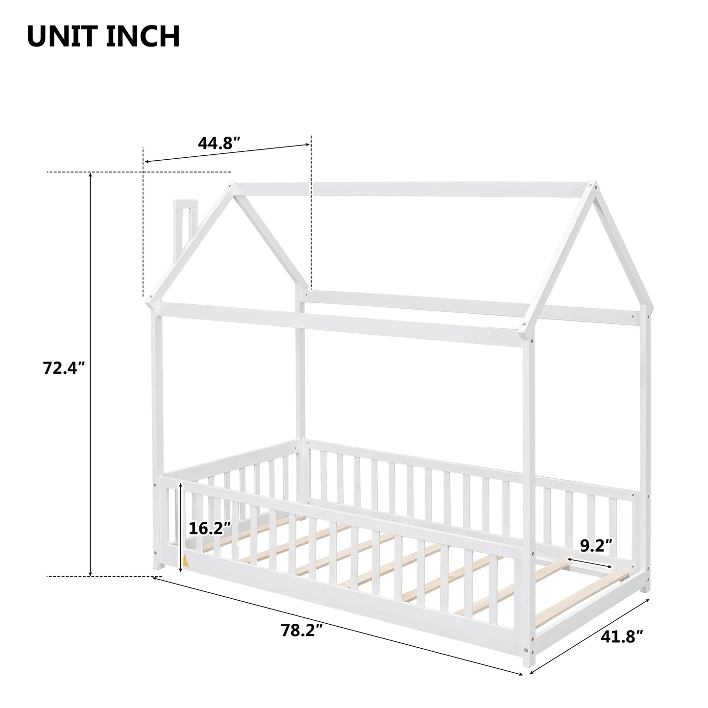 Twin House Bed with Guardrails, Slats ,White