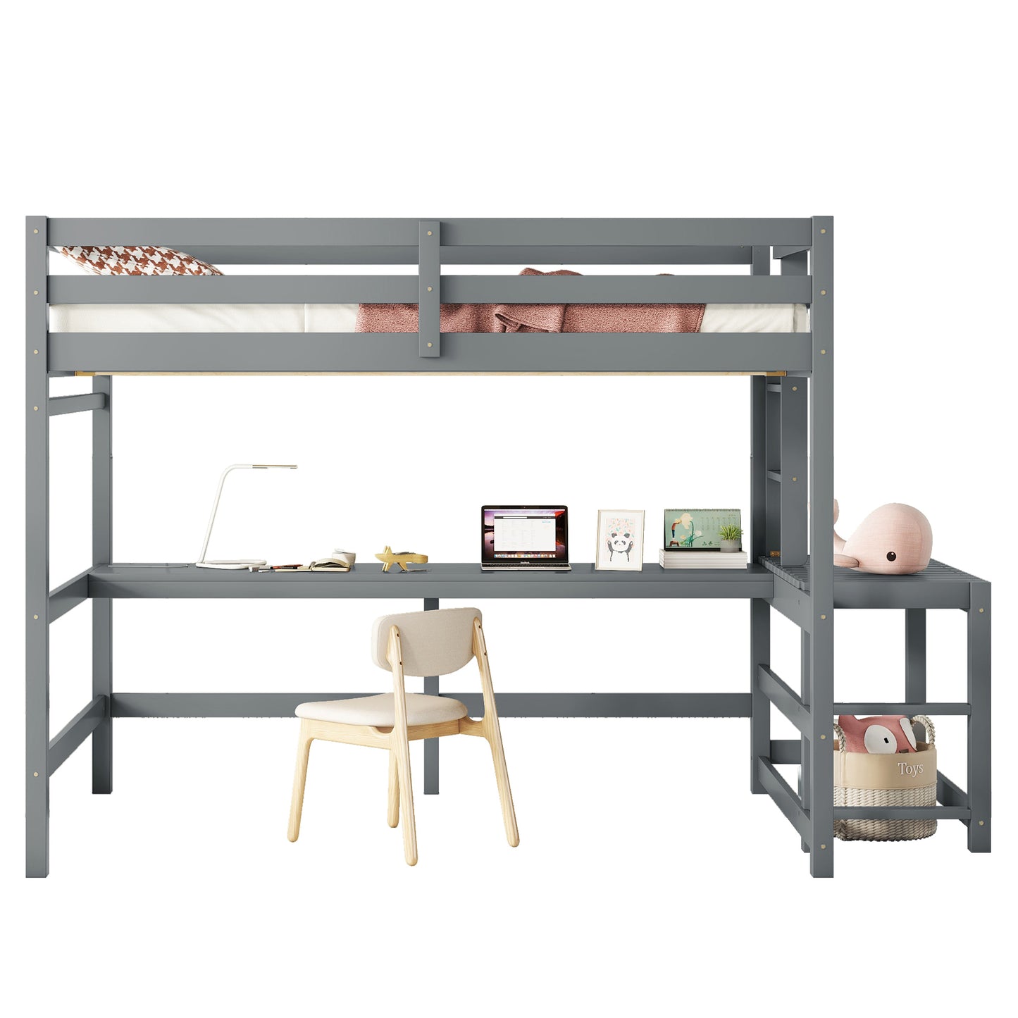 Full Loft Bed with Built-in Desk, Ladder Platform, Ladders, Guardrails,Grey