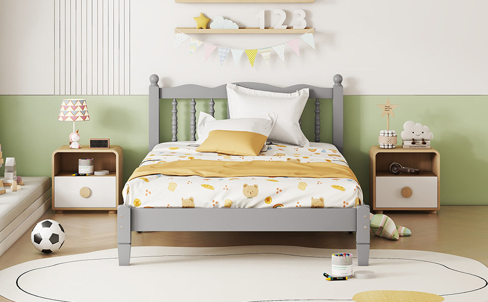 Twin Bed with Column-Decoration Headboard, with Bed Slats,Grey