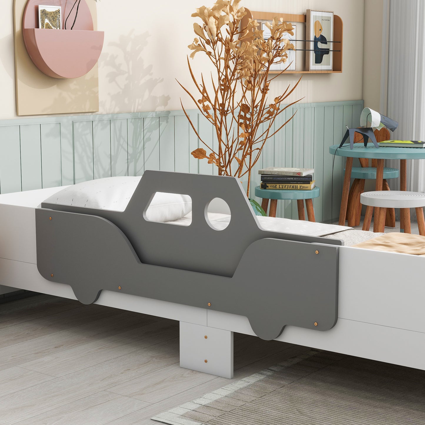 Mesvin Platform Storage Bed Car-Shaped Twin Wood Kid Bed with Bench,White