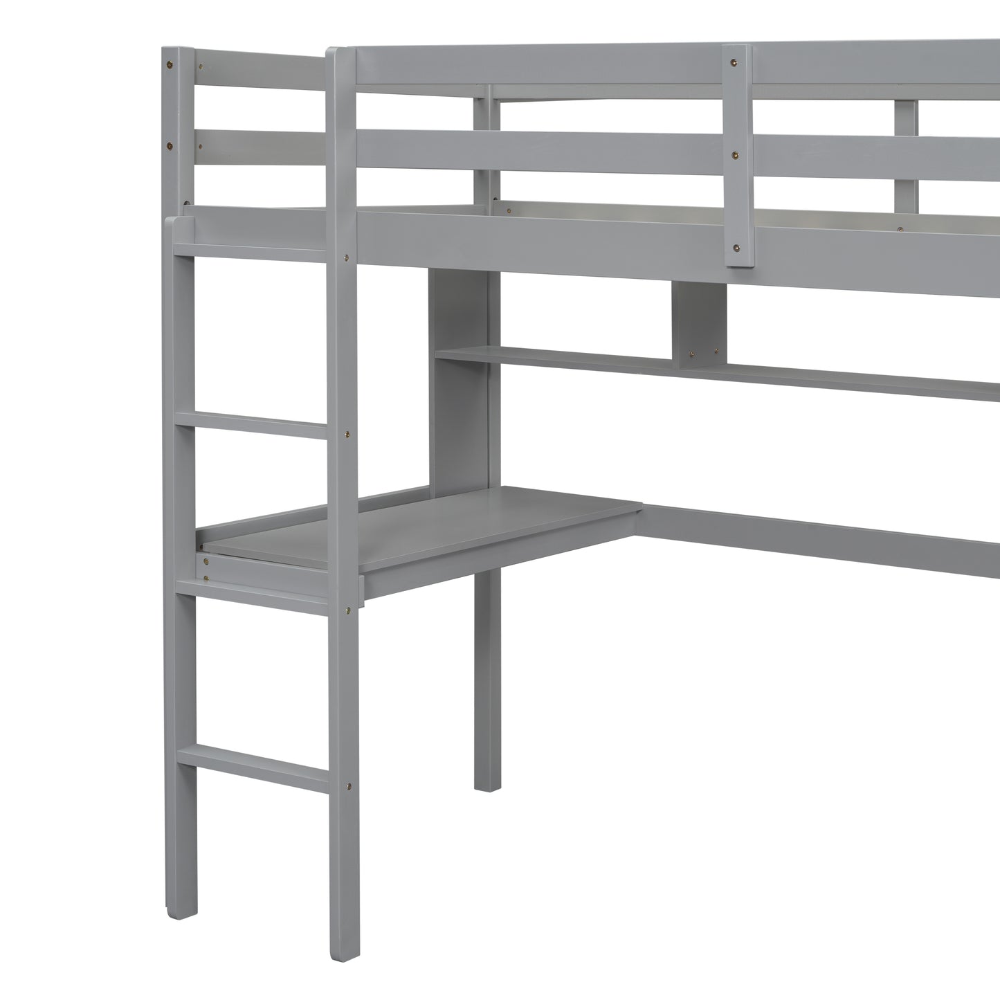 Twin Loft Bed with built-in desk and bookcase of three compartments, Guardrails and Ladder,Grey