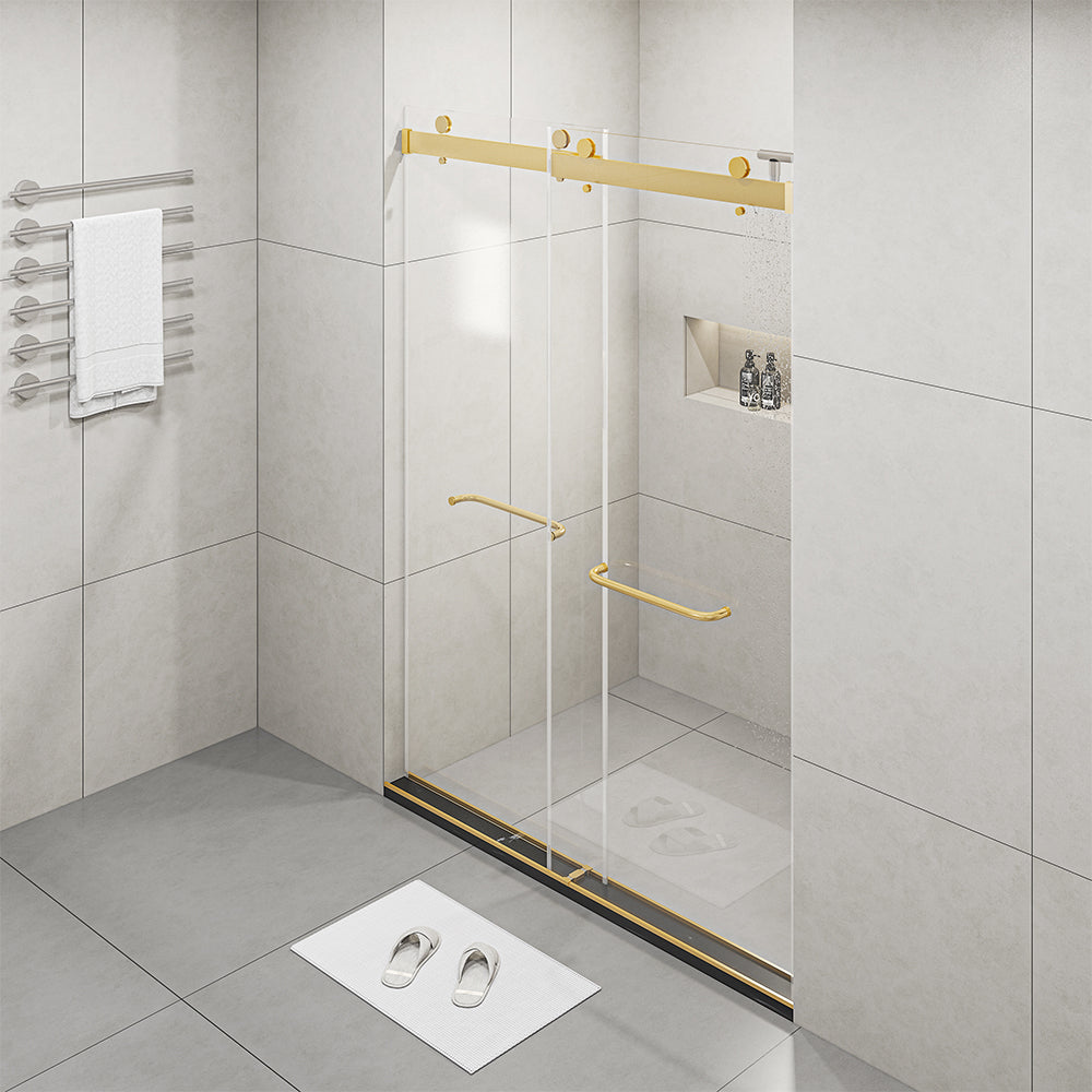 Frameless Sliding Glass Shower Doors 60" Width x 76"Height with 3/8"(10mm) Clear Tempered Glass, Brushed Gold