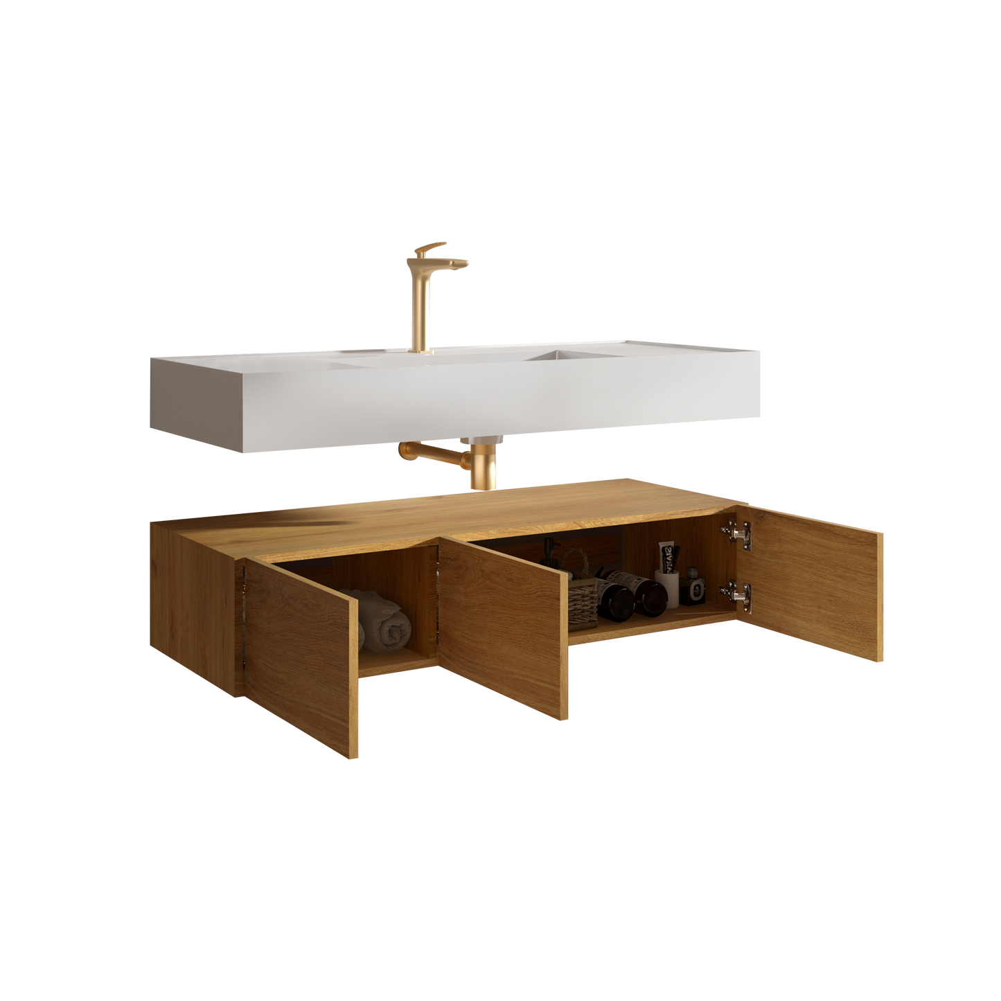 U065-Flora48W-106 Floating Bathroom Sink with Storage Cabinet, Natural Oak Wall-mounted Basin with Cabinet with 3 Soft Close Doors