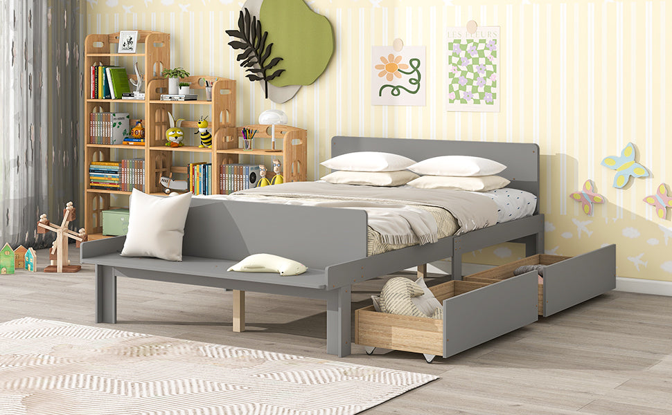 Full Bed with Footboard Bench,2 drawers,Grey