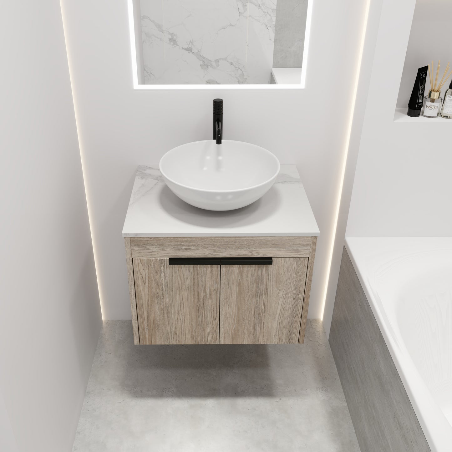 24 " Modern Design Float Bathroom Vanity With Ceramic Basin Set,  Wall Mounted White Oak Vanity  With Soft Close Door,KD-Packing,KD-Packing,2 Pieces Parcel(TOP-BAB321MOWH)