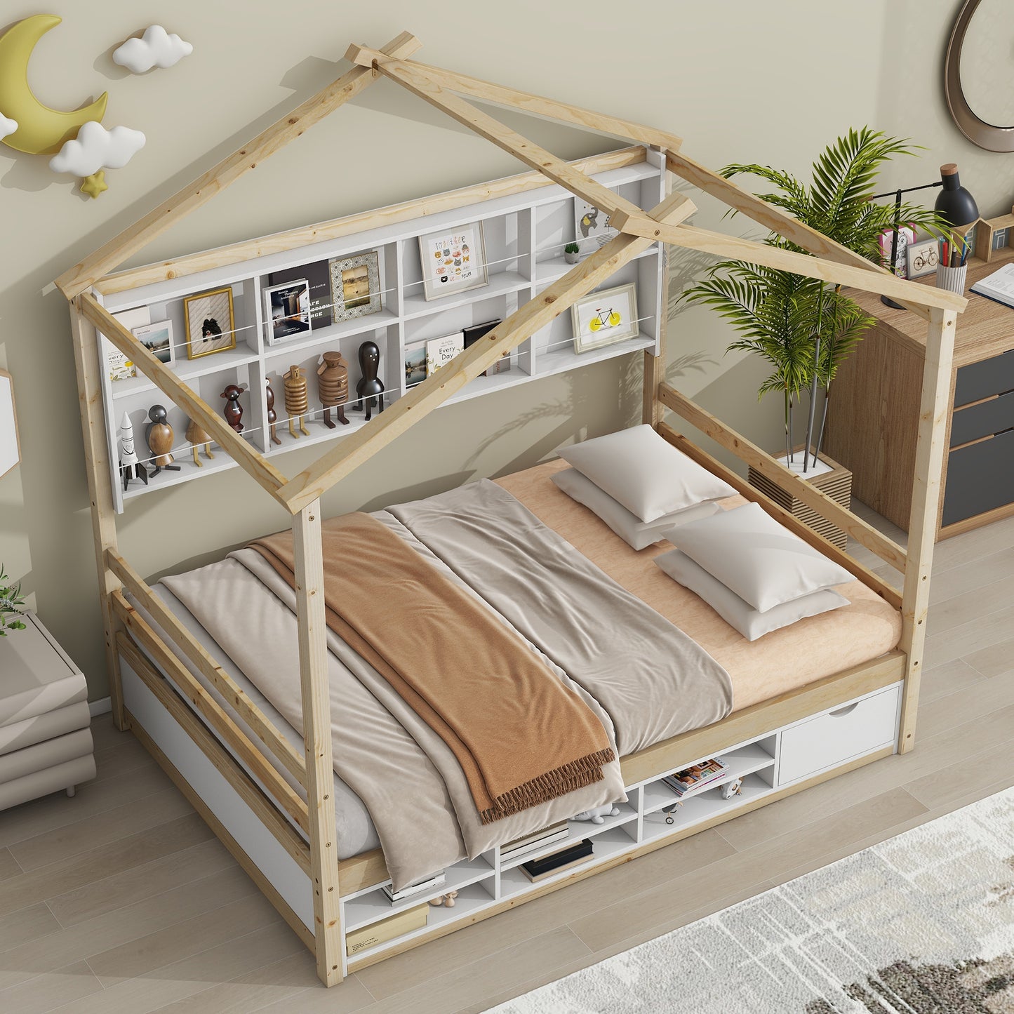 Full House Bed with Roof Frame, Bedside-shelves, Under Bed Storage Unit,Natural