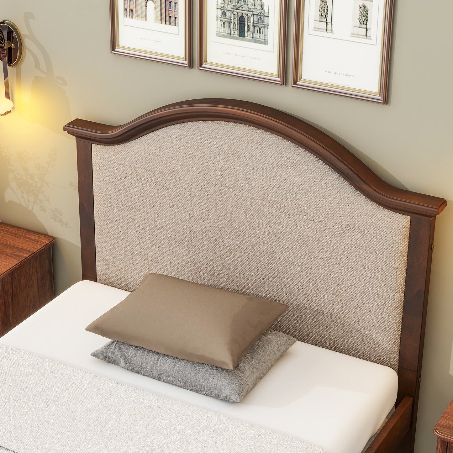 Twin Bed with Upholstered Headboard and Footboard, with Slats,Walnut