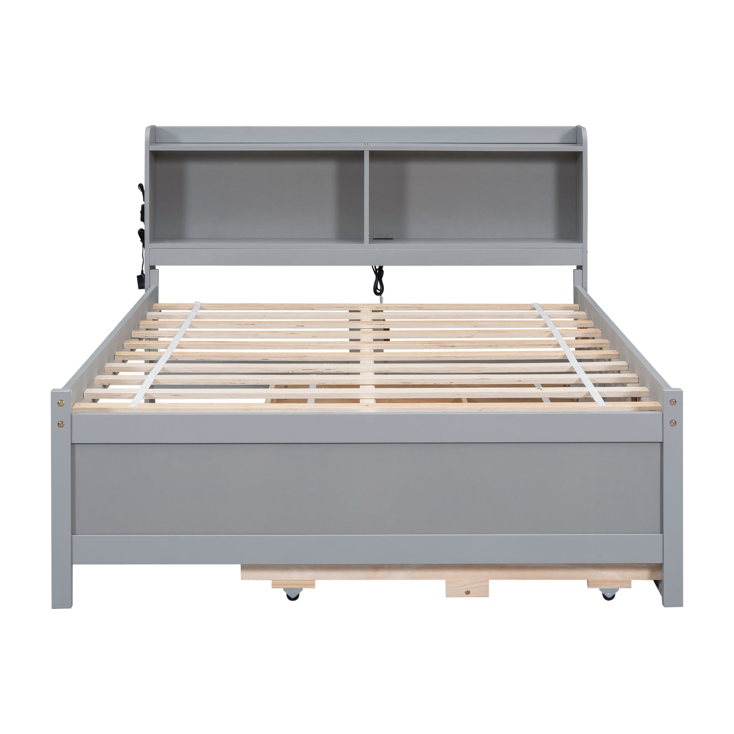 Full Size Bed with USB & Type-C Ports, LED light, Bookcase Headboard, Trundle and 3 Storage Drawers , Full Size Size Bed with  Bookcase Headboard, Trundle and Storage drawers ,Grey