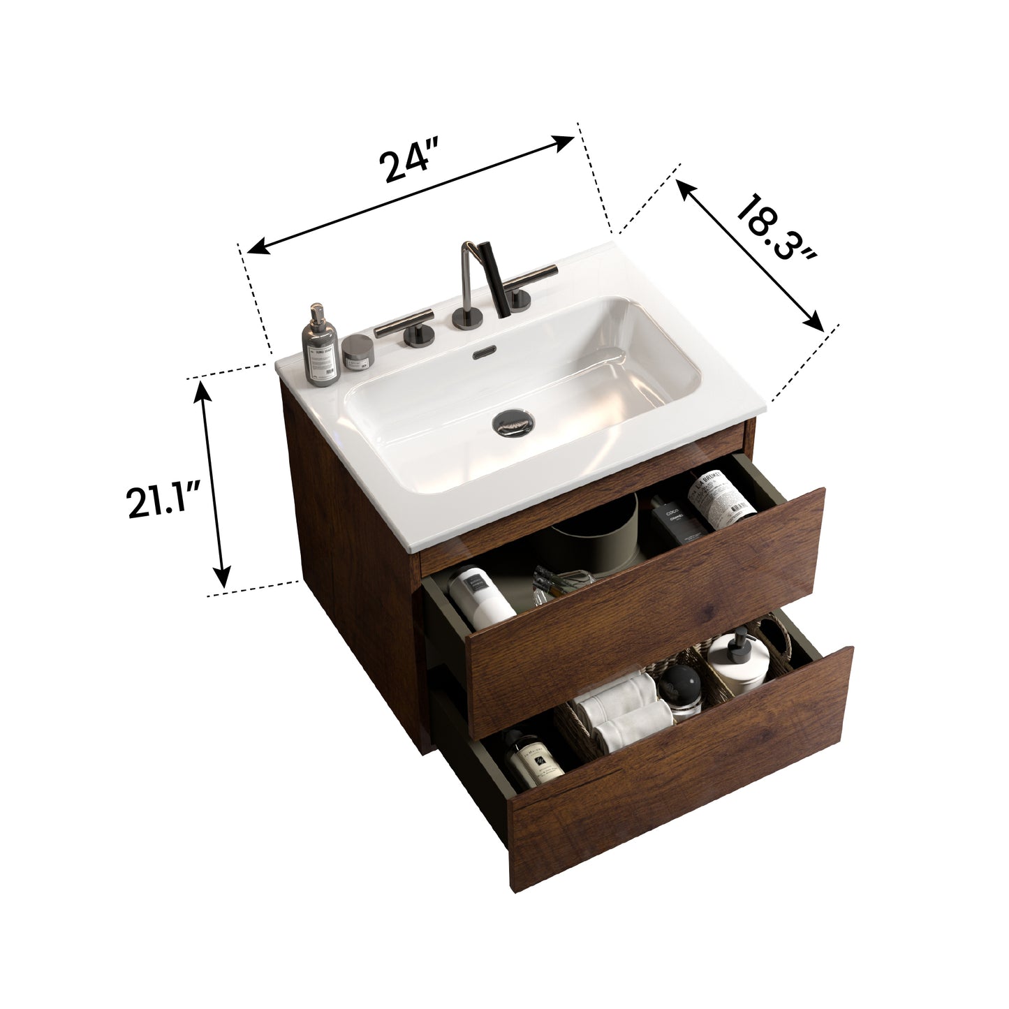 Wall Mount 24" Walnut Bathroom Vanity with Ceramic Sink with three faucet holes, Large Storage Floating Bathroom Vanity for Modern Bathroom, One-Piece Sink Basin without Drain, Pre-assembled