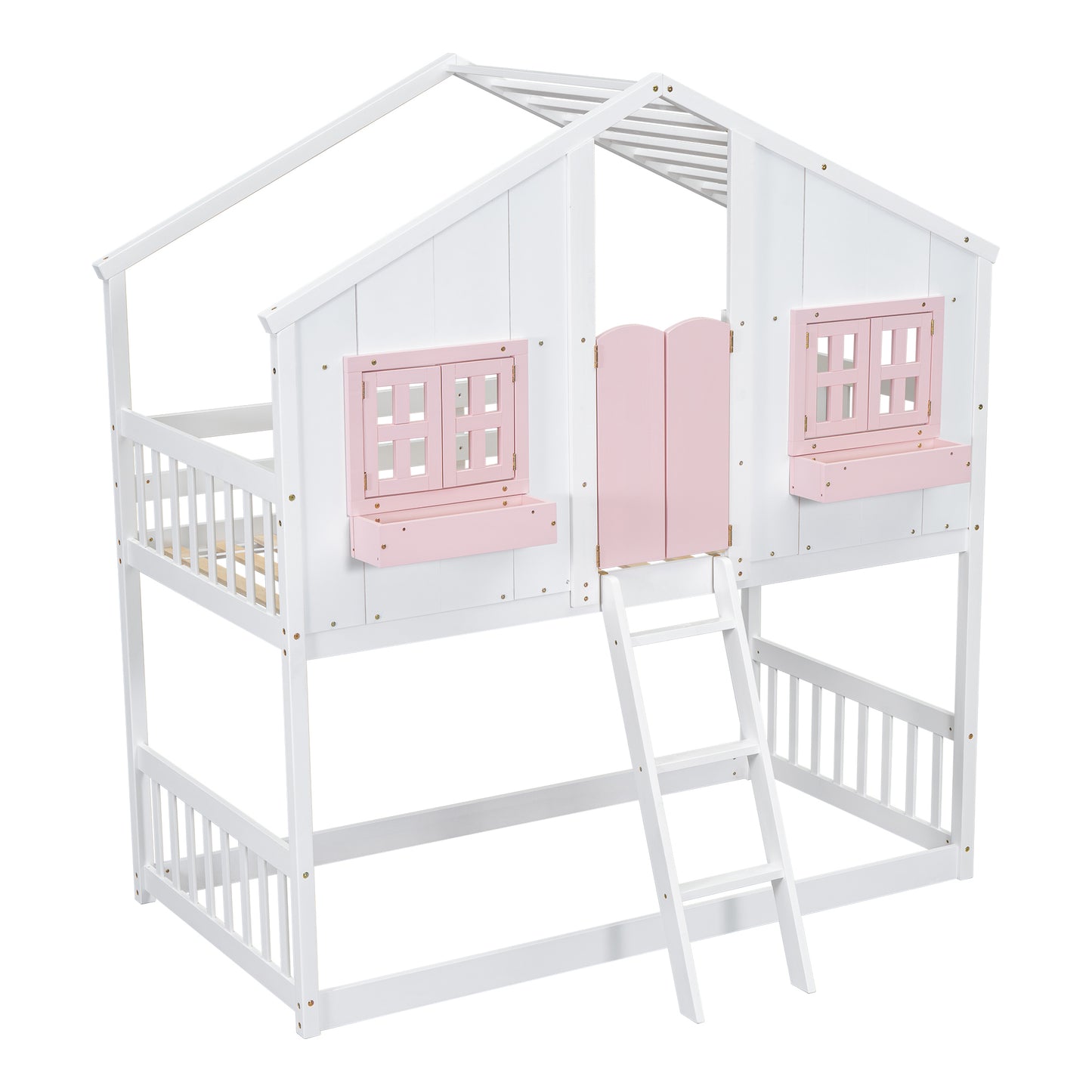 Twin over Twin House Bunk Bed with Roof , Window, Window  Box, Door , with Safety Guardrails and Ladder, Pink/White