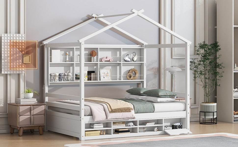 Full House Bed with Roof Frame, Bedside-shelves, Under Bed Storage Unit,White