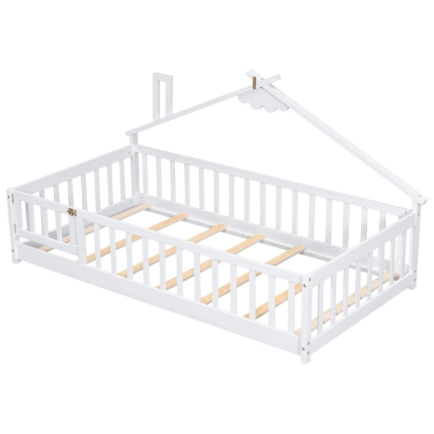 Twin House-Shaped Bedside Floor Bed with Guardrails, Slats, with Door,White