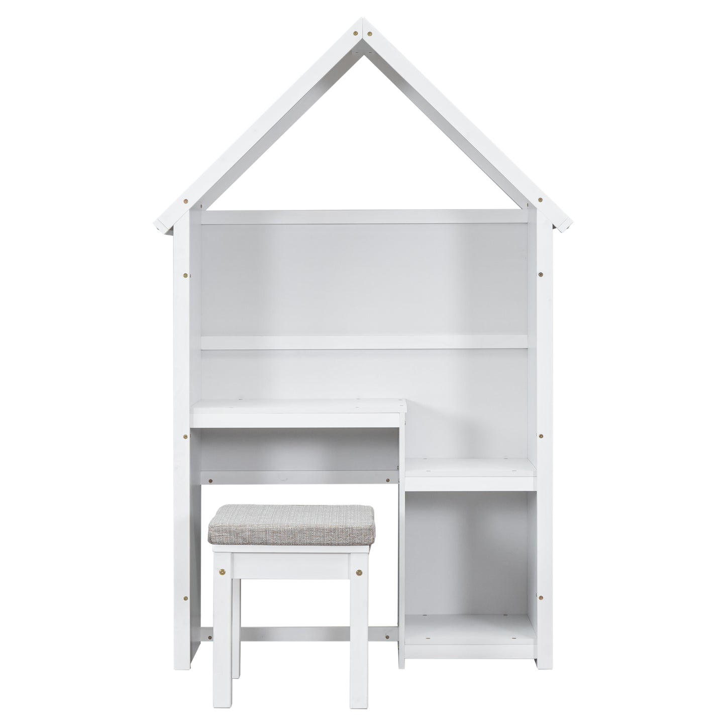 House-Shaped Kids Desk with a cushion stool,House-Style Desk and Stool Set,White