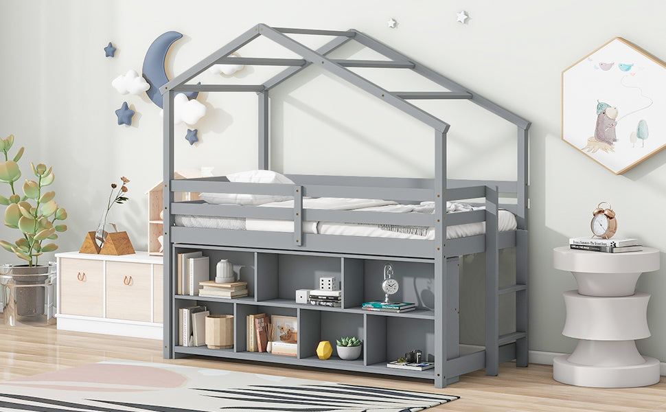 Twin House Loft Bed with Roof Frame, Under Bed Shelving Storage Unit, Guardrails, Ladder,Grey