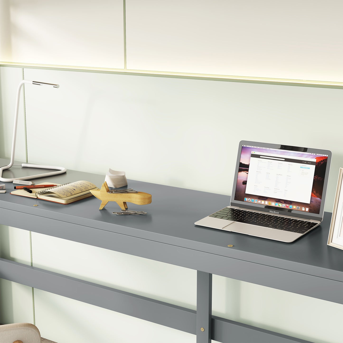 Full Loft Bed with Built-in Desk, Ladder Platform, Ladders, Guardrails,Grey