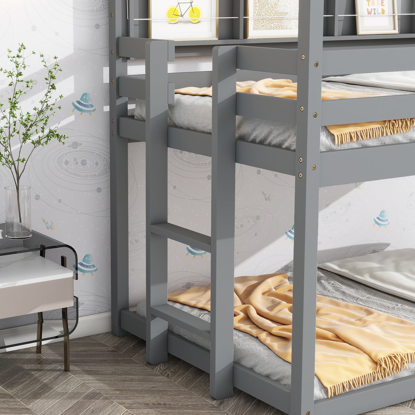 Twin House Loft Bed with Guardrails, Semi-enclosed Roof, Bedside Shelves and Ladder, Grey