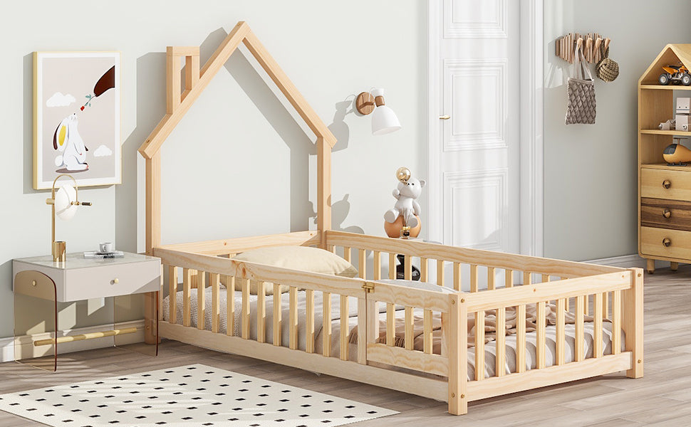 Twin House-Shaped Headboard Floor Bed with Fence
,Natural