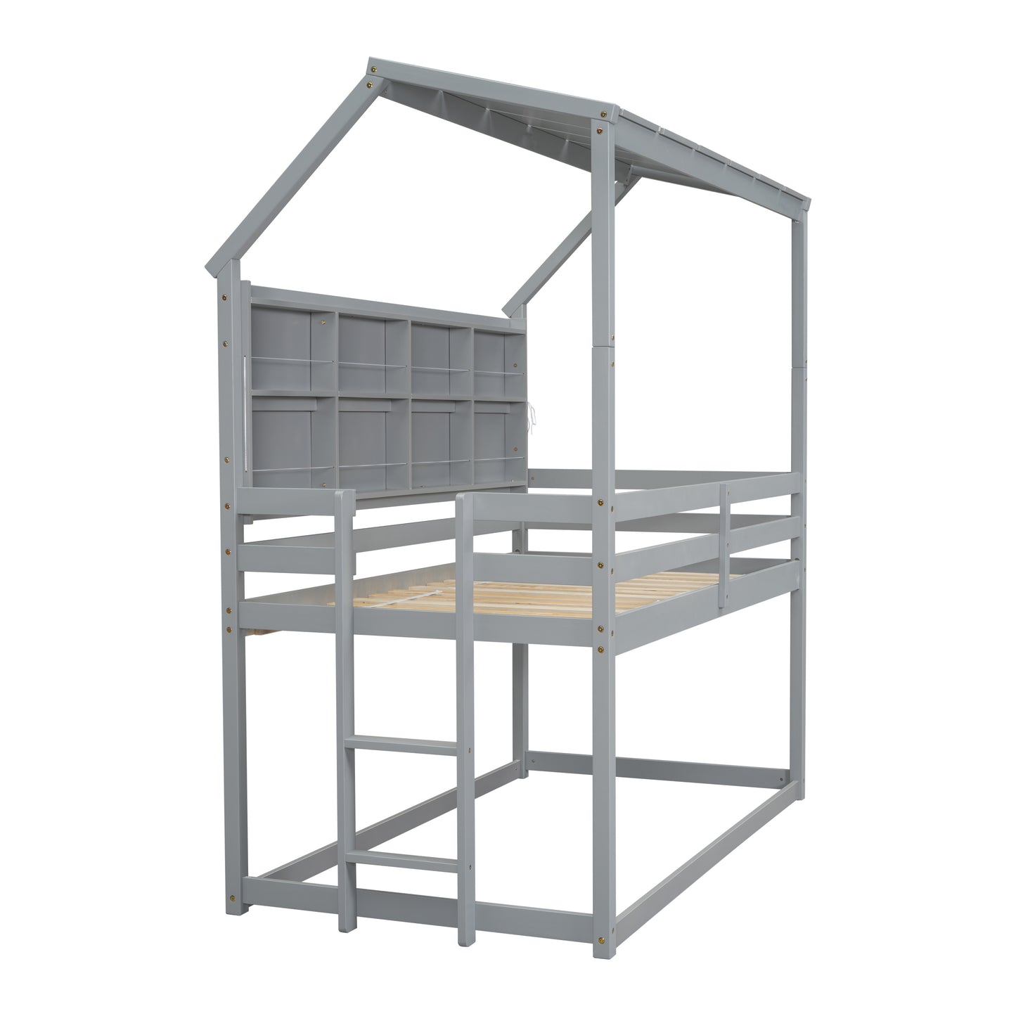 Twin House Loft Bed with Guardrails, Semi-enclosed Roof, Bedside Shelves and Ladder, Grey