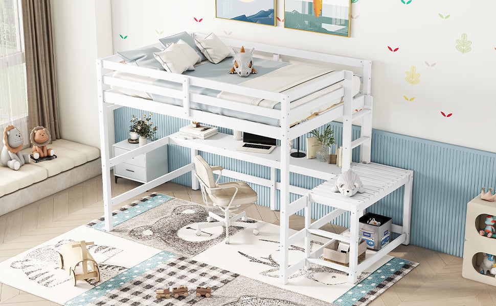 Full Loft Bed with Built-in Desk, Ladder Platform, Ladders, Guardrails,White