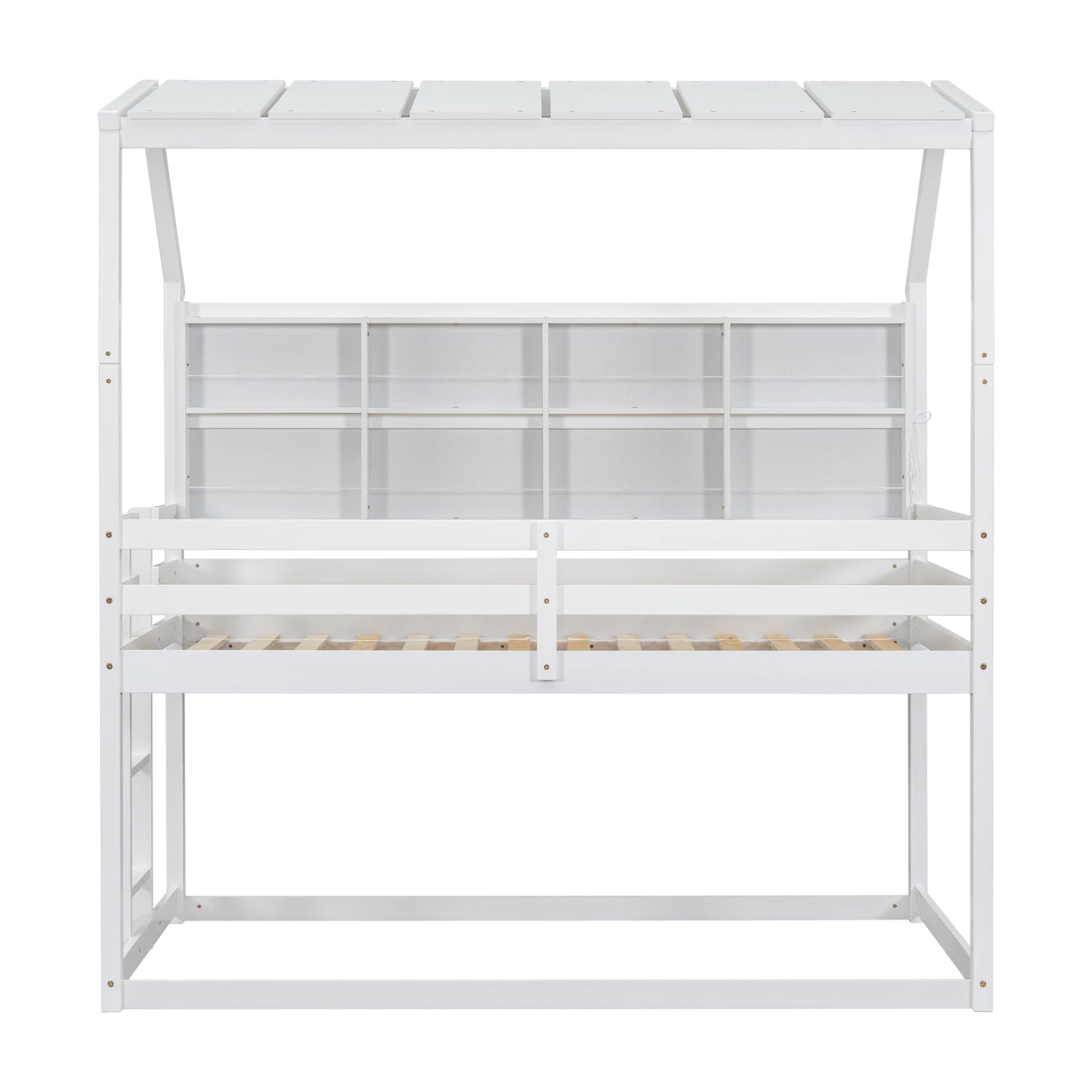 Twin House Loft Bed with Guardrails, Semi-enclosed Roof, Bedside Shelves and Ladder, White