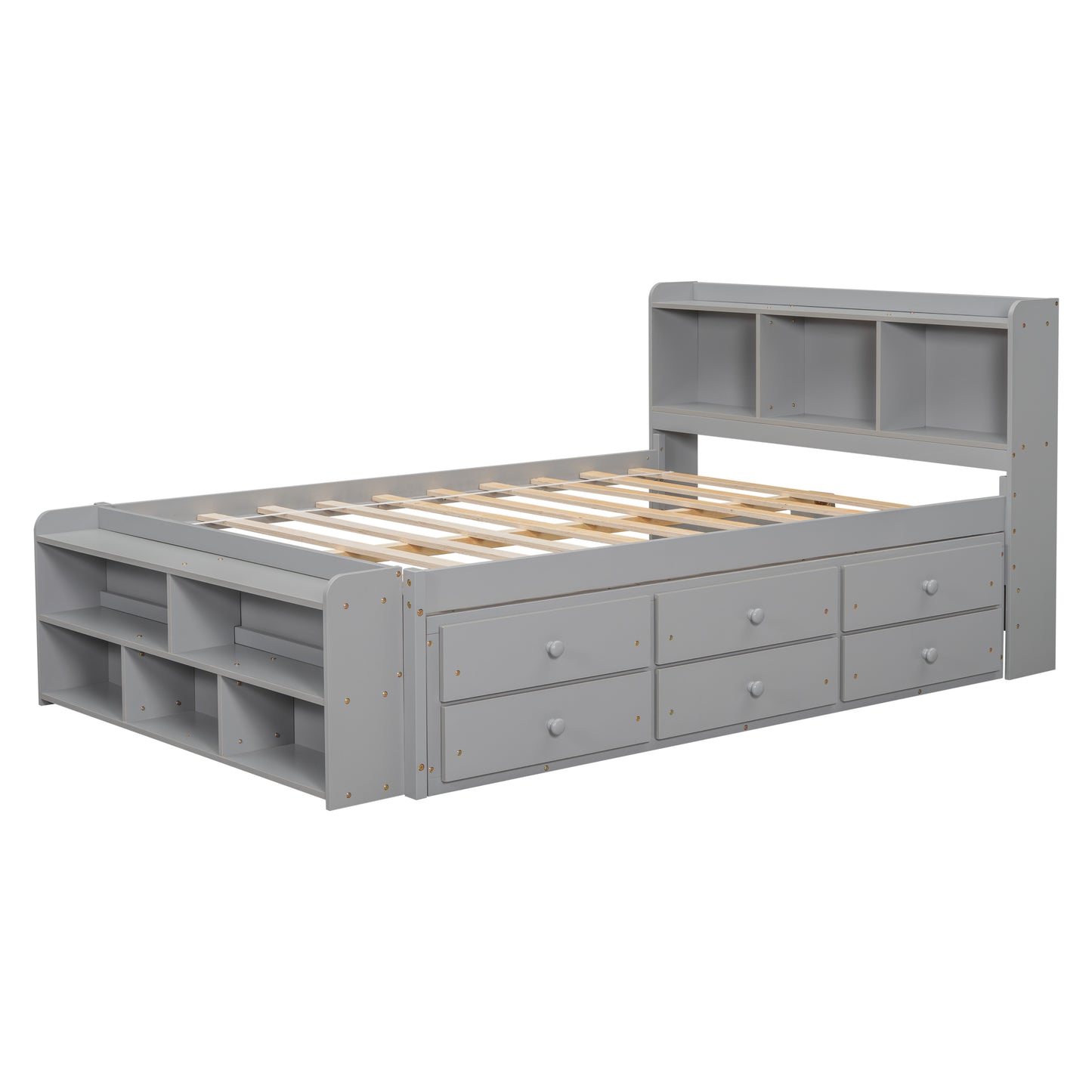 Full Bed with Bookcase Headboard, Under bed Storage Drawers and Bed End Storage Case,Grey