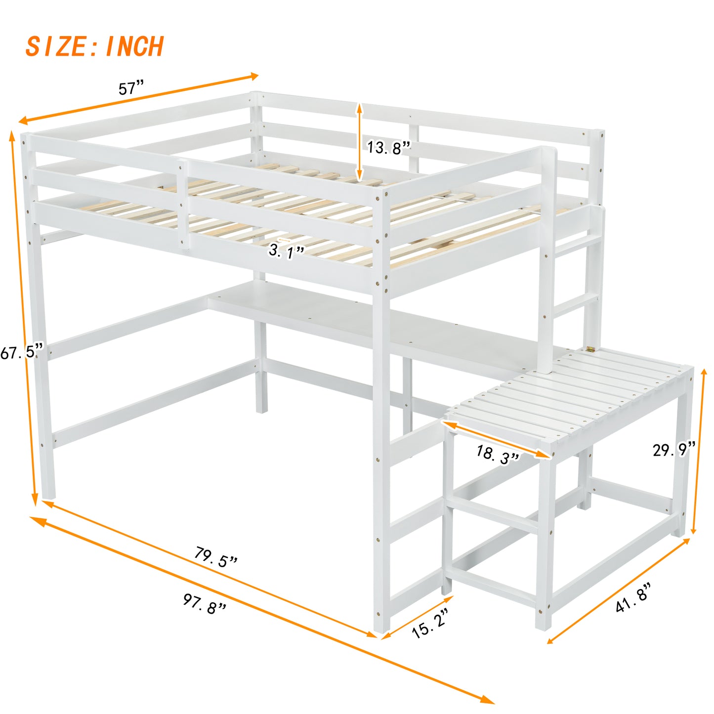 Full Loft Bed with Built-in Desk, Ladder Platform, Ladders, Guardrails,White