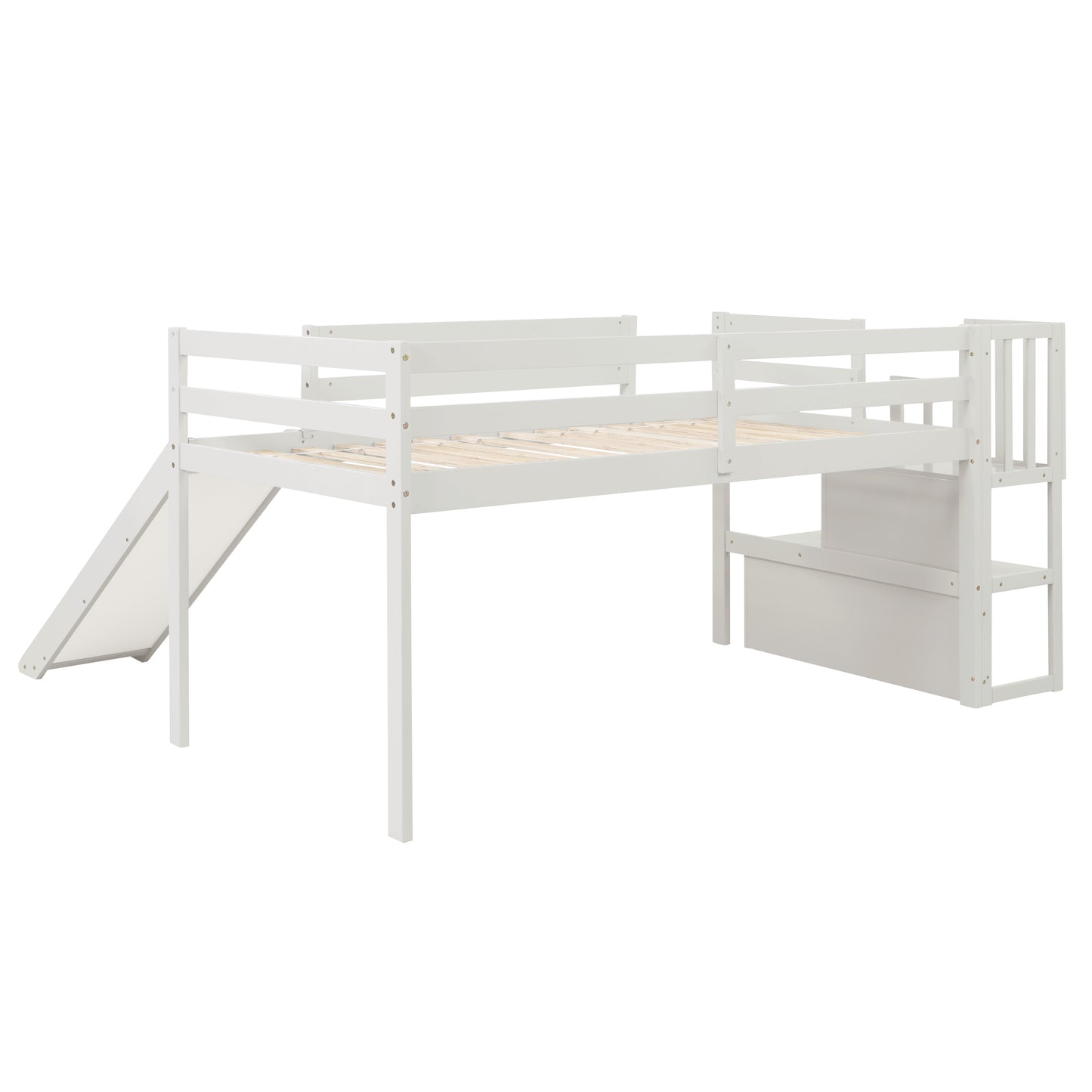 Loft Bed with Staircase, Storage, Slide, Twin size, Full-length Safety Guardrails, No Box Spring Needed, White (Old Sku:W504S00004)