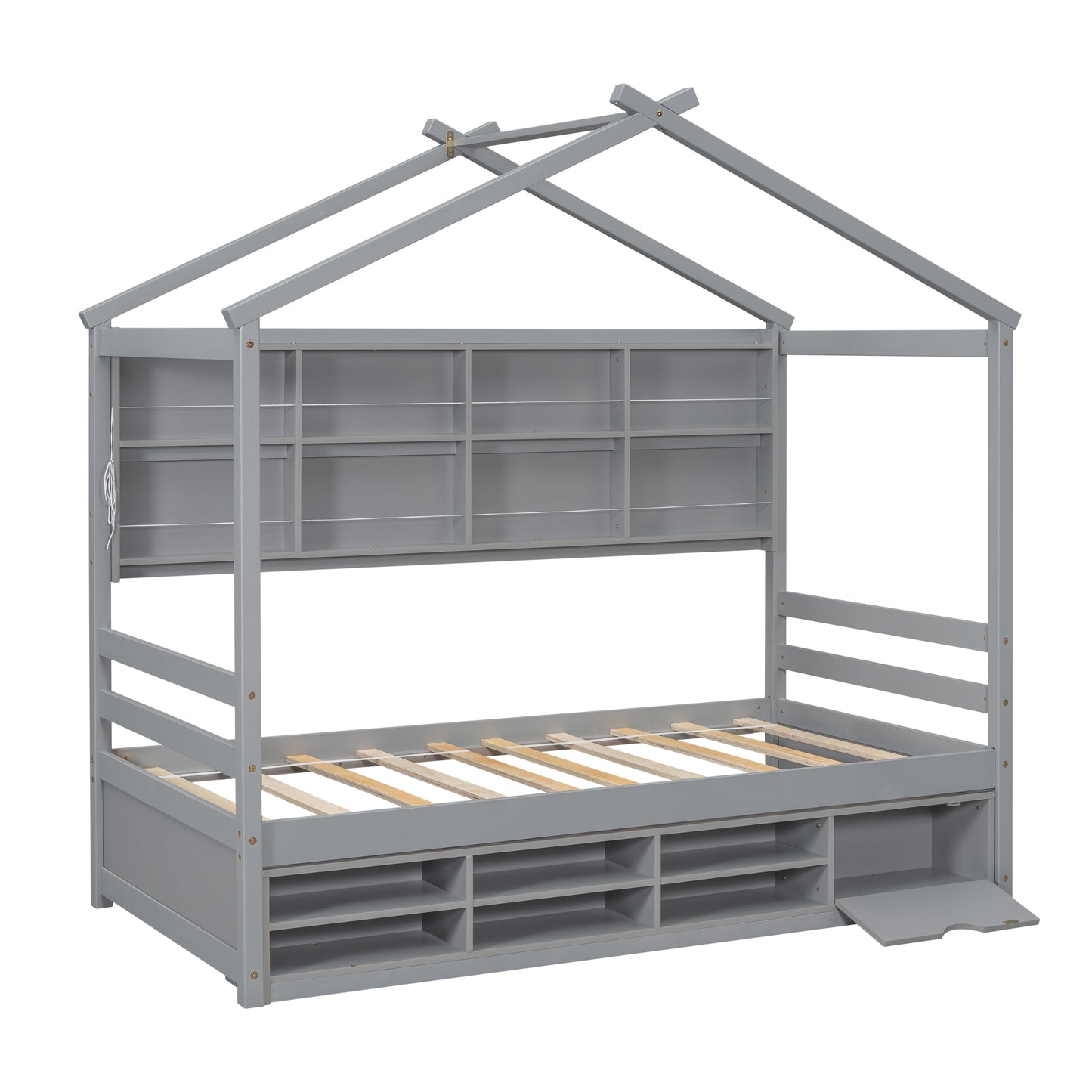 Twin House Bed with Roof Frame, Bedside-shelves, Under Bed Storage Unit,Grey