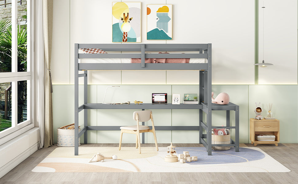 Full Loft Bed with Built-in Desk, Ladder Platform, Ladders, Guardrails,Grey