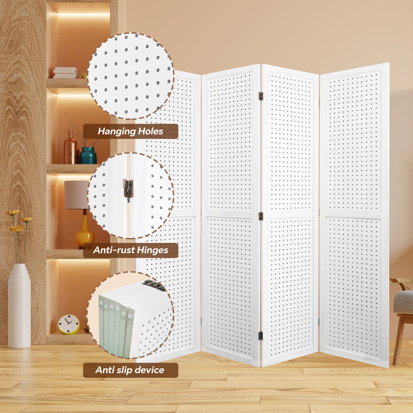 4 Panel Room Divider, 5.6Ft Pegboard Display Wooden Room Divider Folding Privacy Screen Room Divider Freestanding Peg Board Display for Trade Show Craft Show Home Wall Organizer, Elegant White