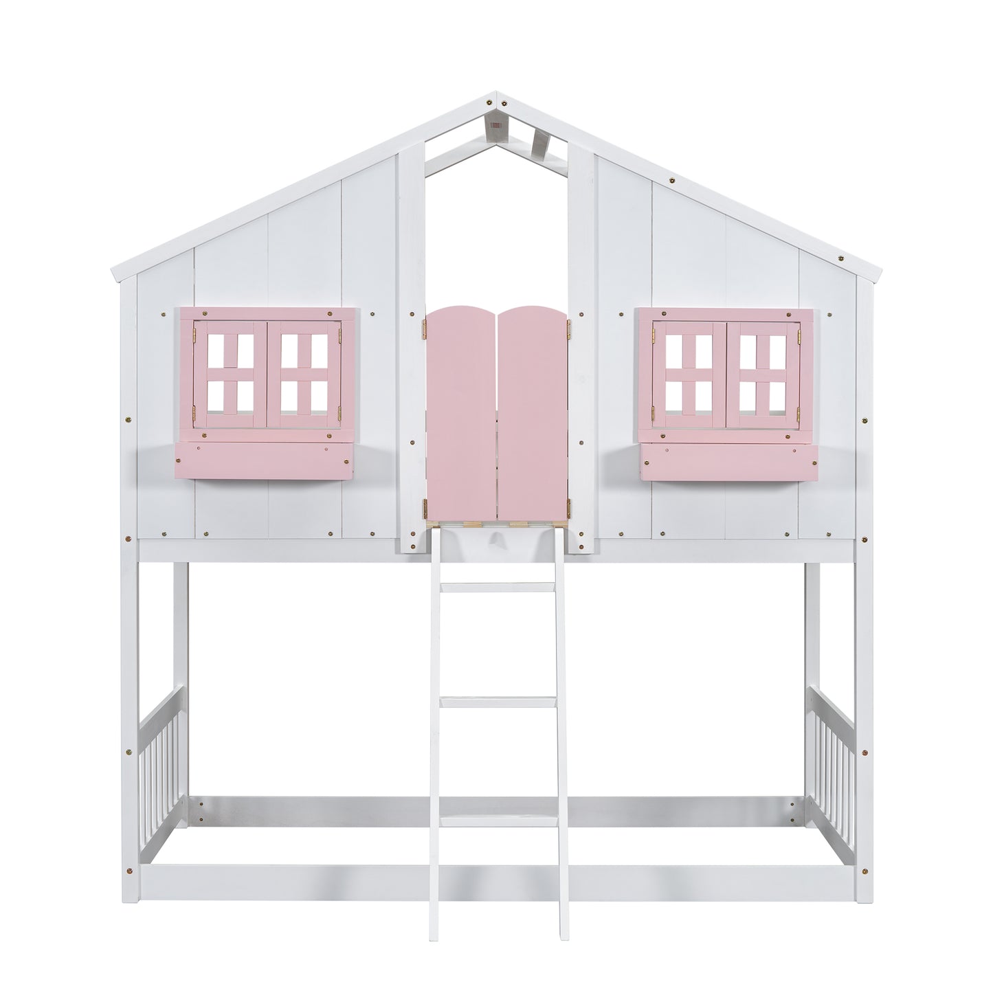 Twin over Twin House Bunk Bed with Roof , Window, Window  Box, Door , with Safety Guardrails and Ladder, Pink/White