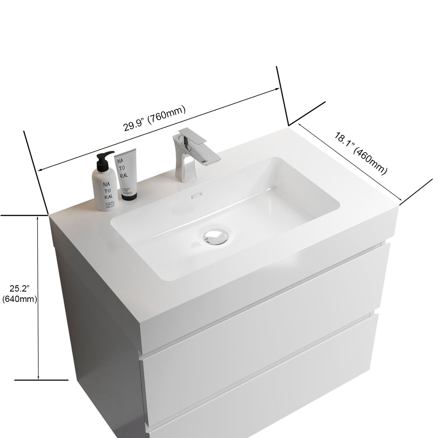 BB02-30-101, Integrated solid surface basin WITHOUT drain and faucet, glossy white color