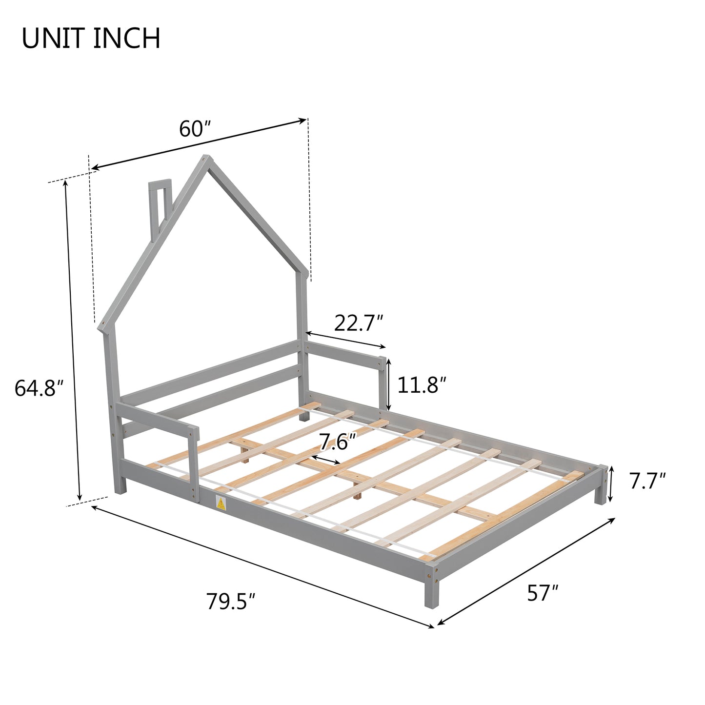 Full House-Shaped Headboard Bed with Handrails ,slats ,Grey