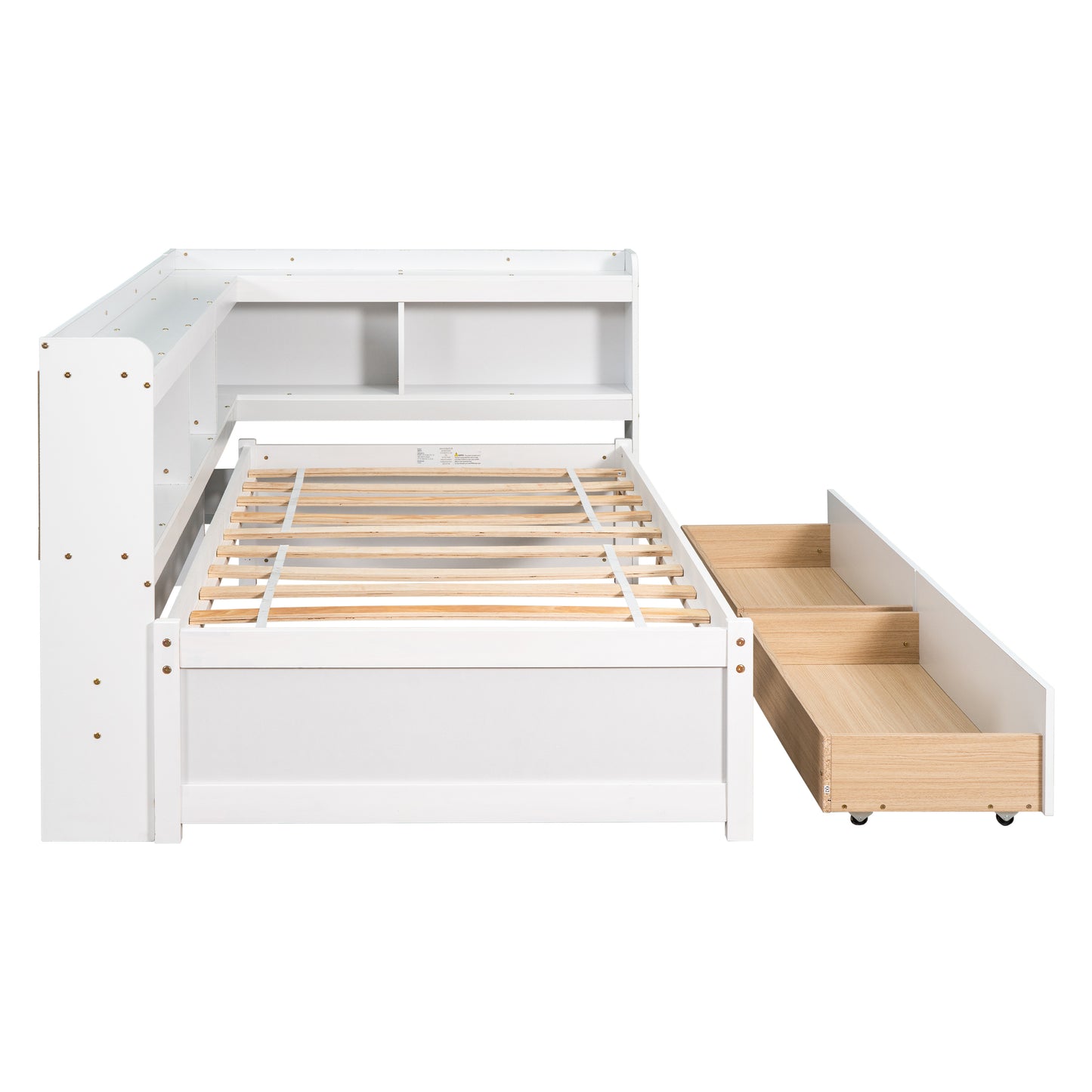 Twin Bed with L-shaped Bookcases,Drawers ,White