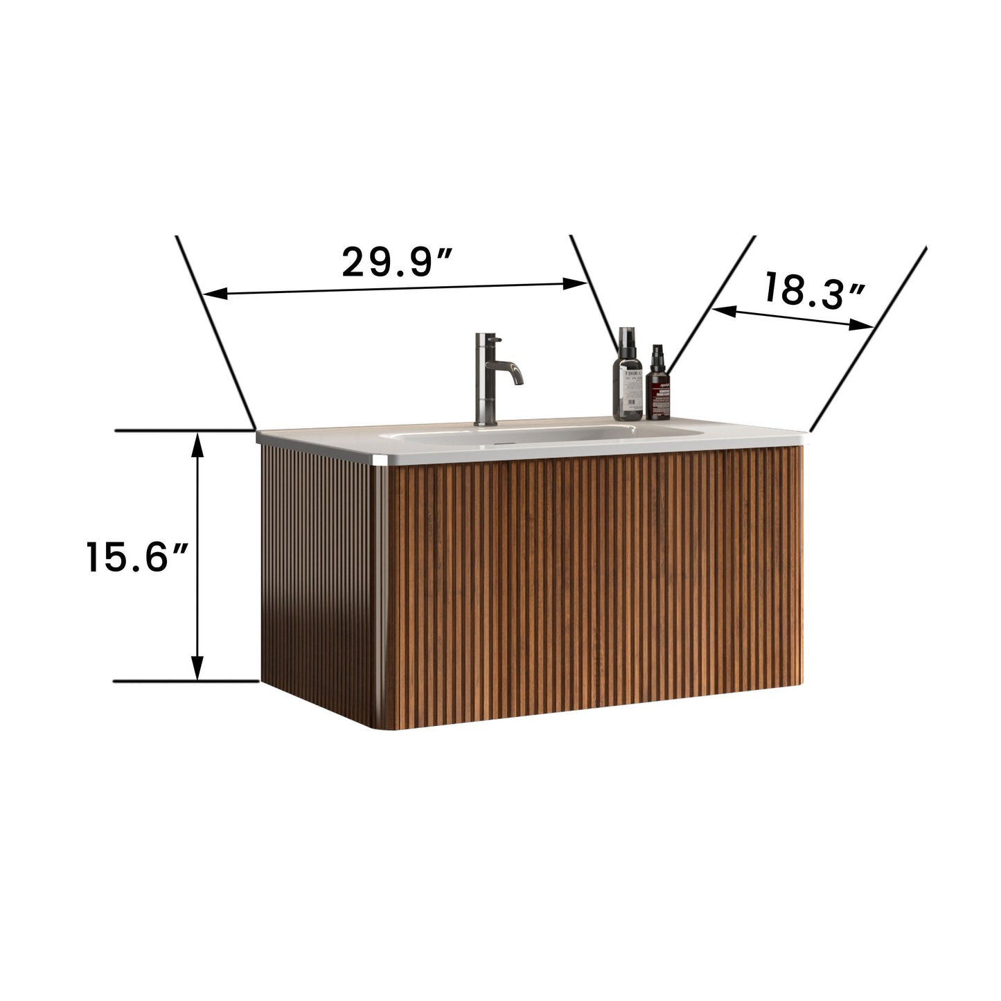 U047-Etna30W-305 Etna 30" Striped Walnut Bathroom Vanity with White Ceramic Sink, Wall Mounted Floating Bathroom Vanity for Modern Bathroom, Pre-assembled