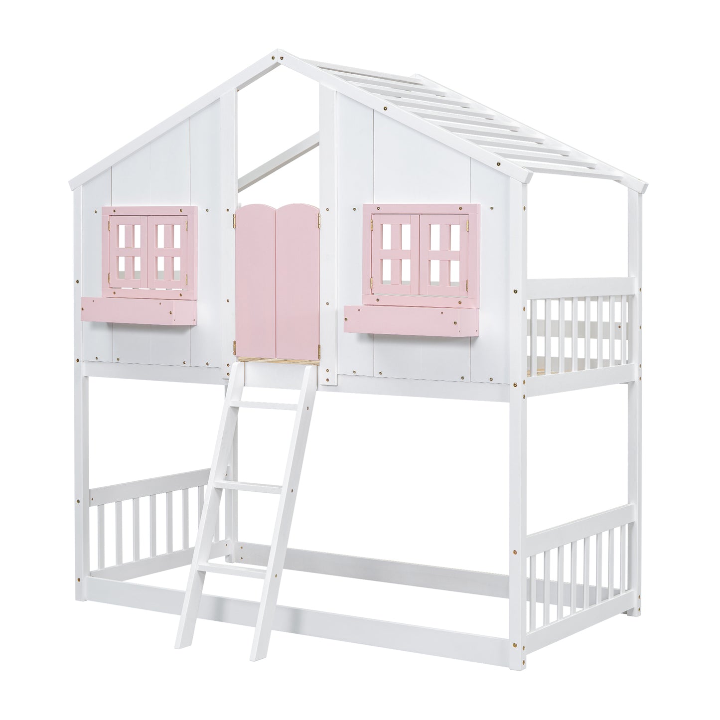 Twin over Twin House Bunk Bed with Roof , Window, Window  Box, Door , with Safety Guardrails and Ladder, Pink/White