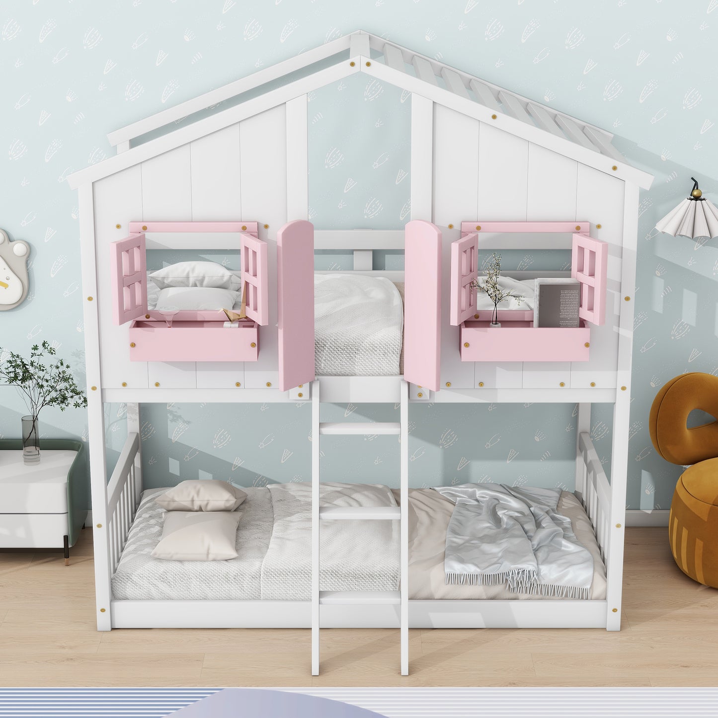 Twin over Twin House Bunk Bed with Roof , Window, Window  Box, Door , with Safety Guardrails and Ladder, Pink/White