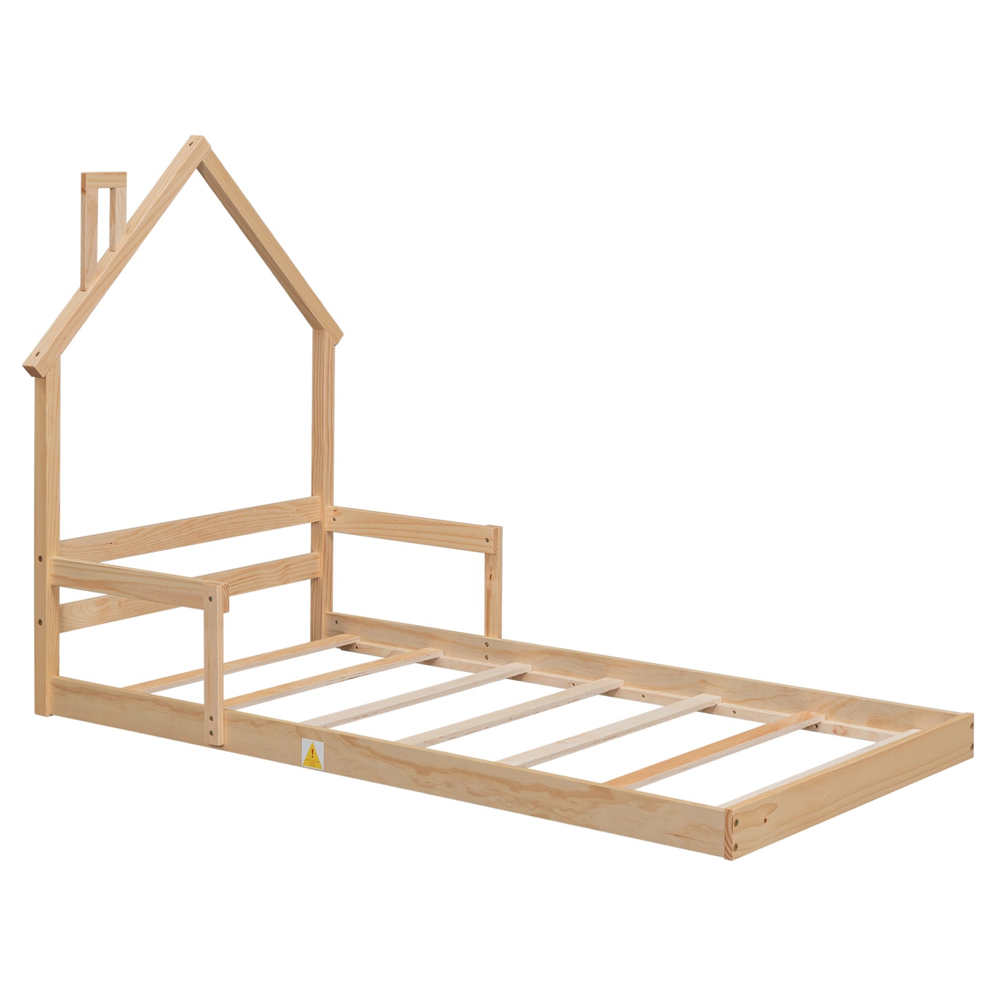 Twin House-Shaped Headboard Floor Bed with Handrails ,slats ,Natural