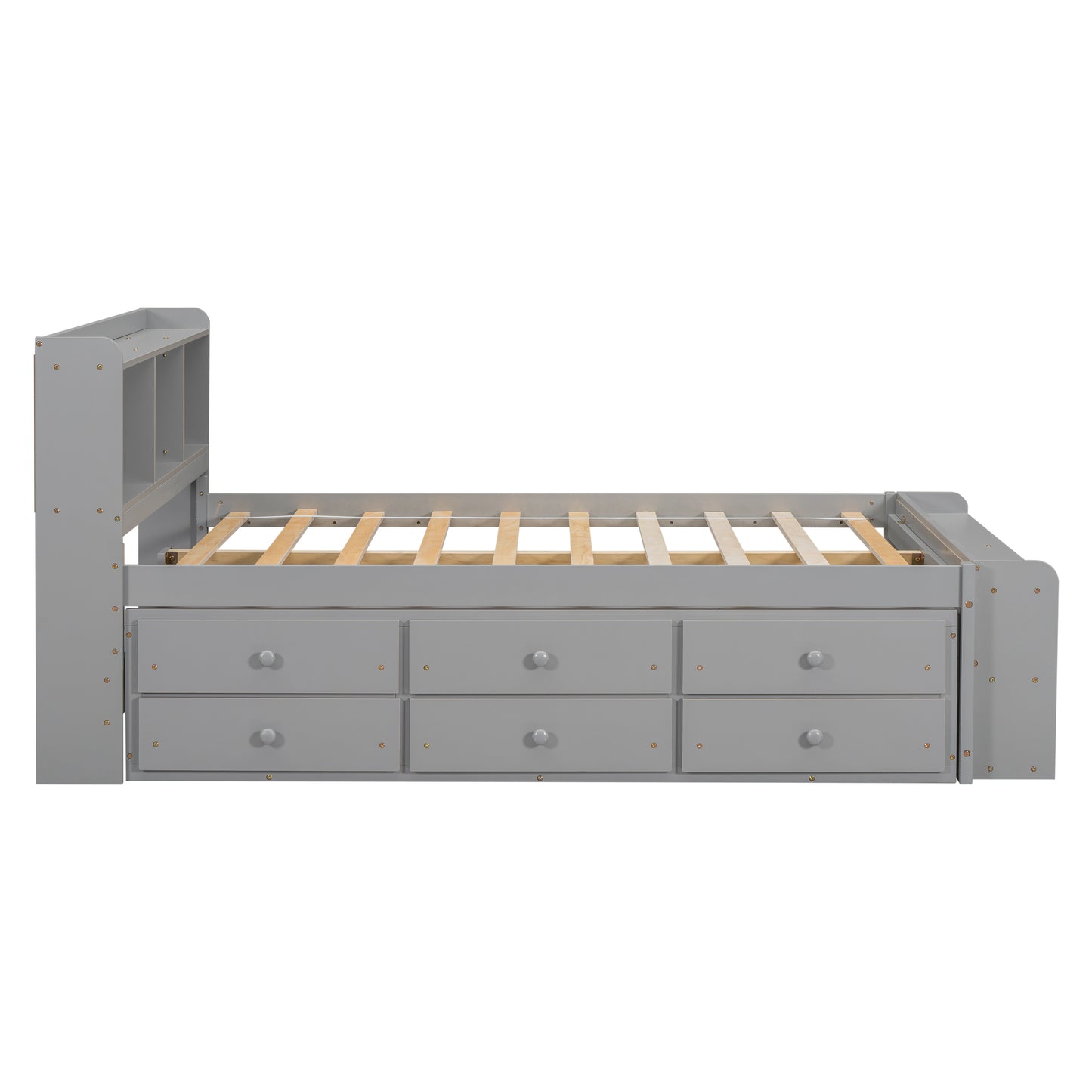 Full Bed with Bookcase Headboard, Under bed Storage Drawers and Bed End Storage Case,Grey