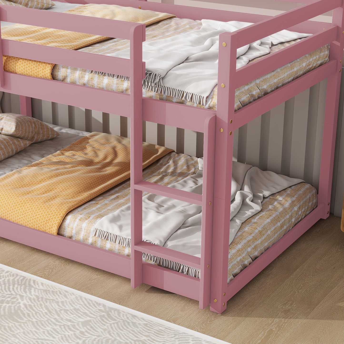 Twin over Twin Floor Bunk Bed,Pink