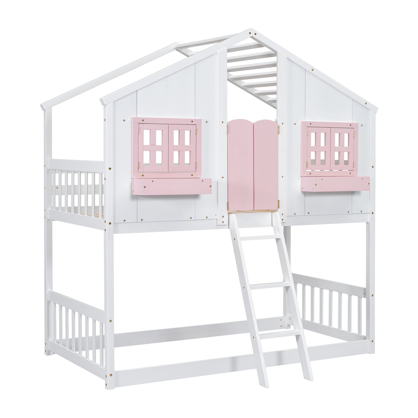 Twin over Twin House Bunk Bed with Roof , Window, Window  Box, Door , with Safety Guardrails and Ladder, Pink/White