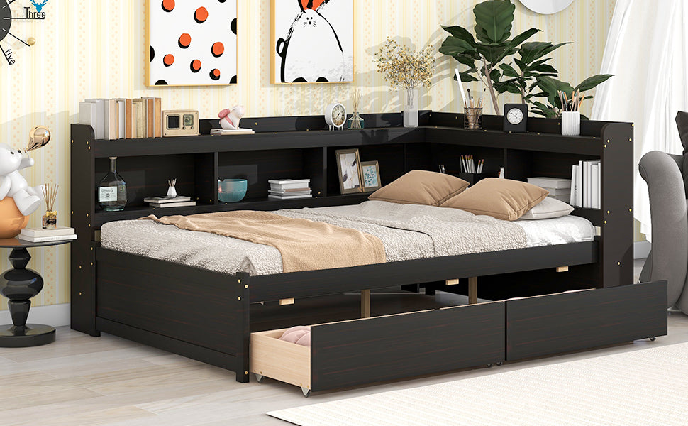 Full Bed with L-shaped Bookcases, Drawers ,Espresso