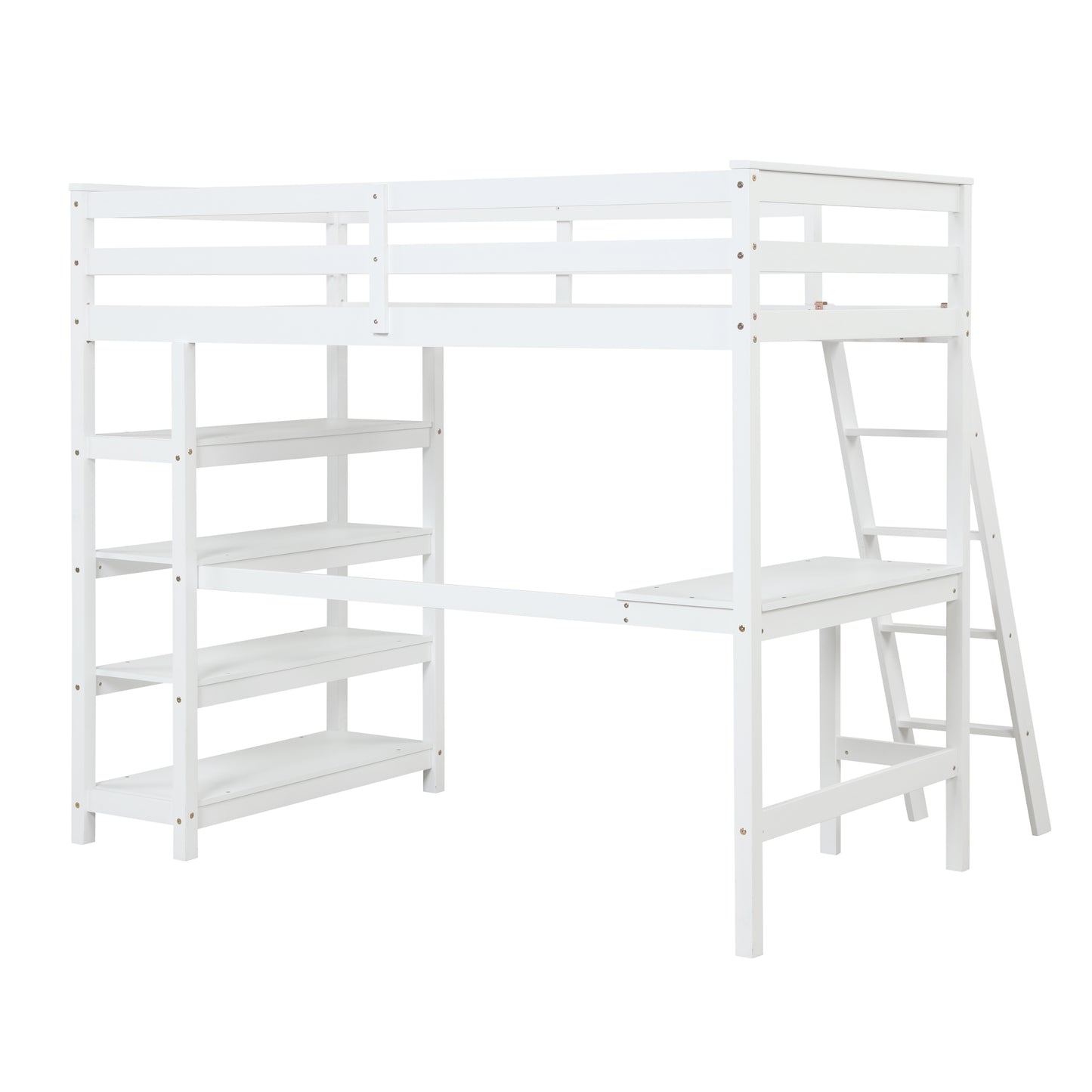 Twin Loft Bed with desk,ladder,shelves , White