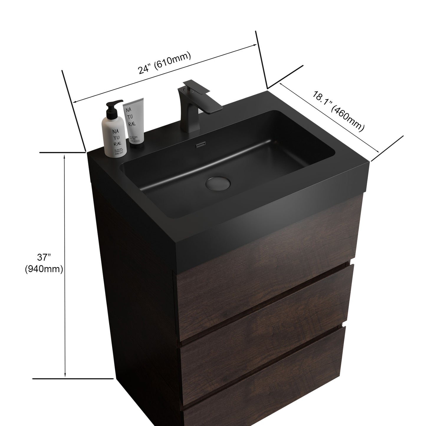 Alice 24" Walnut Bathroom Vanity with Sink, Large Storage Freestanding Bathroom Vanity for Modern Bathroom, One-Piece Black Sink Basin without Drain and Faucet, Pre-assembled